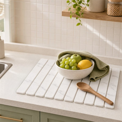 Marble-Print Foldable Diatomaceous Earth Draining Mat – Super Absorbent, Heat-Resistant Trivet & Space-Saving Countertop Pad