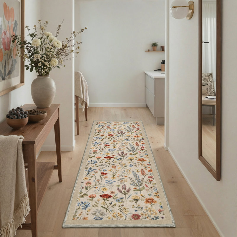 Cogswell Floret Floral Machine Washable Beige Indoor Area Rug with Non-Slip Backing, Runner 2'3" x 6'