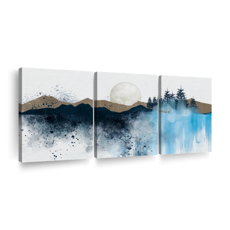 «Abstract Landscape Pine Trees Mountain», ensemble de 3 pièces sur toile par Cindy C, H 15 po x l 32 po x P 1,25 po