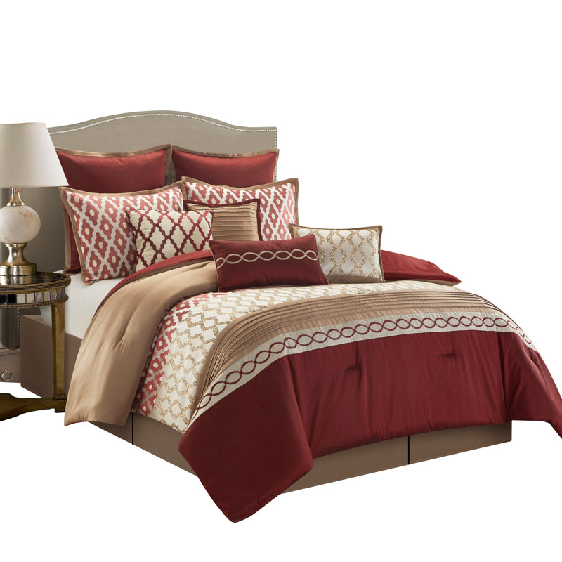 Queen Burgundy and Beige Microfiber 10-Piece Comforter Set