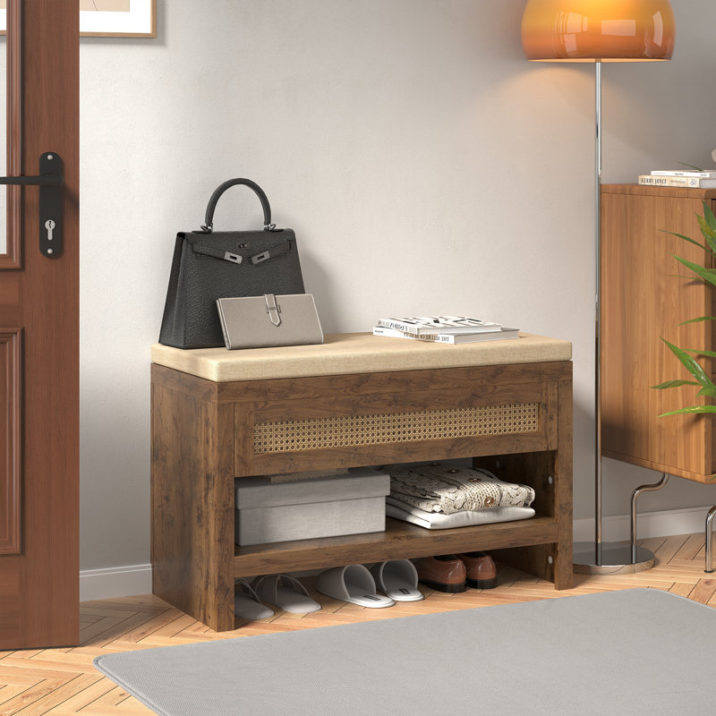 Rattan Shoe Bench With Cushion & Drawer, Farmhouse Entryway Storage Rack –Natural, Brown/Natural