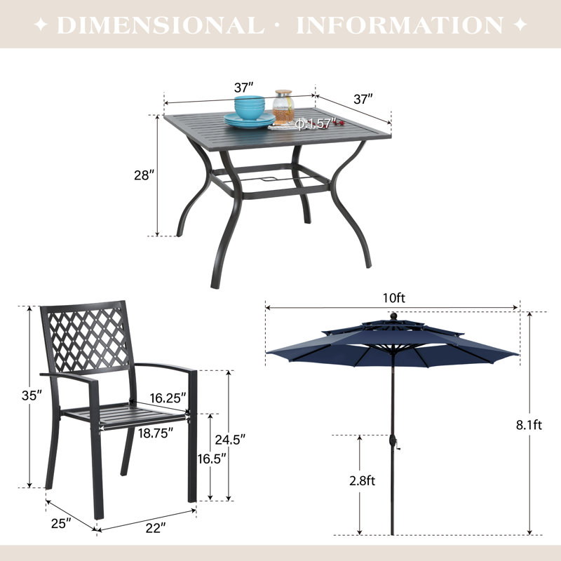 4-Person Steel Patio Dining Set with Square Table, Navy