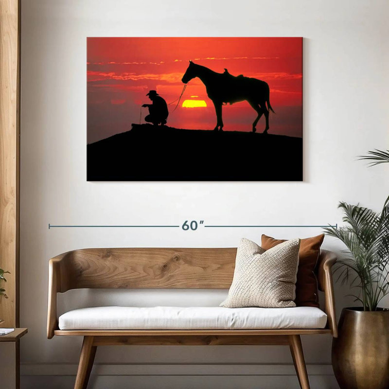 Cowboy de Brampt au coucher du soleil, H 30 po x l 45 po