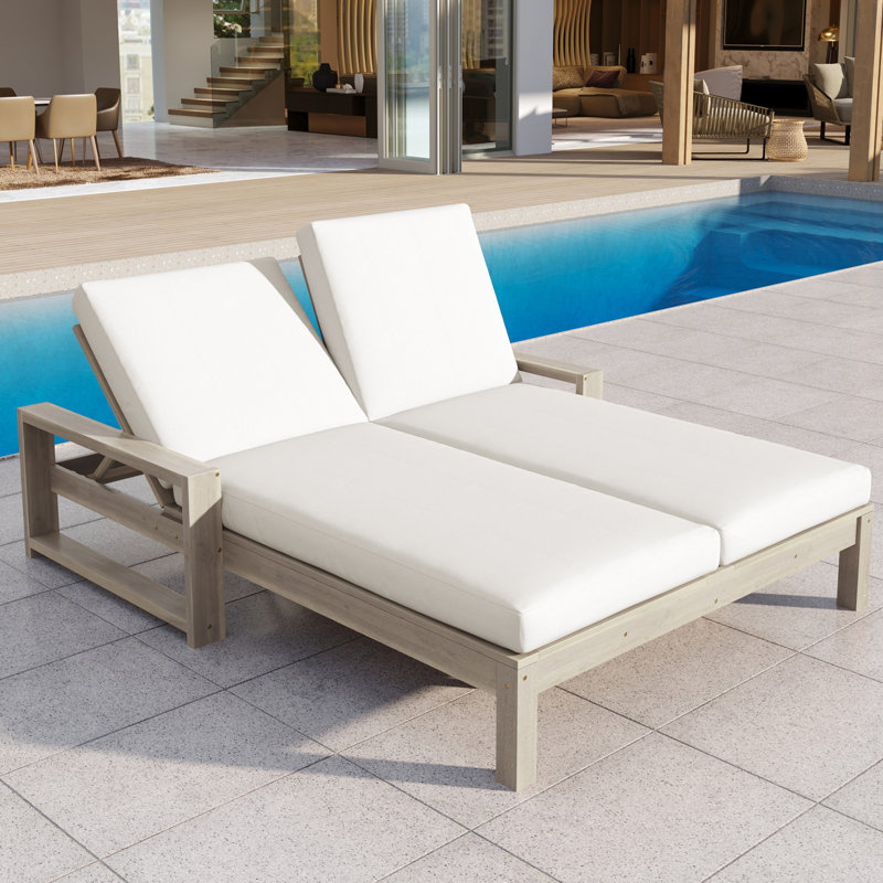 2 - Person Solid Wood Outdoor Chaise Lounge, With 5-Position Adjustable Backrest, Gray