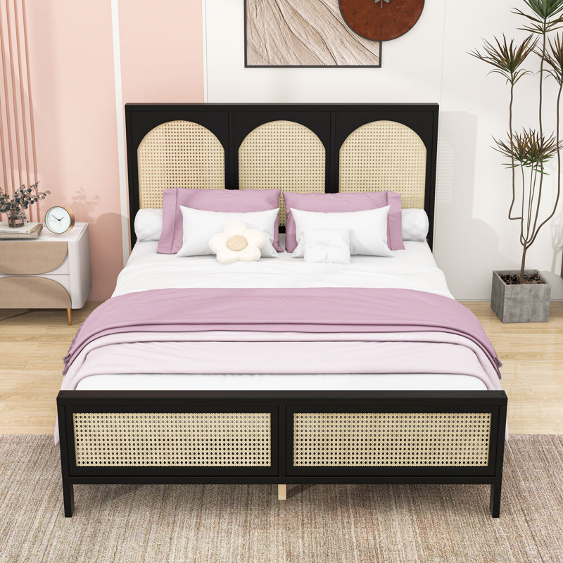 Lit plateforme avec tête de lit en bois et rotin, Noir / Beige, Grand lit