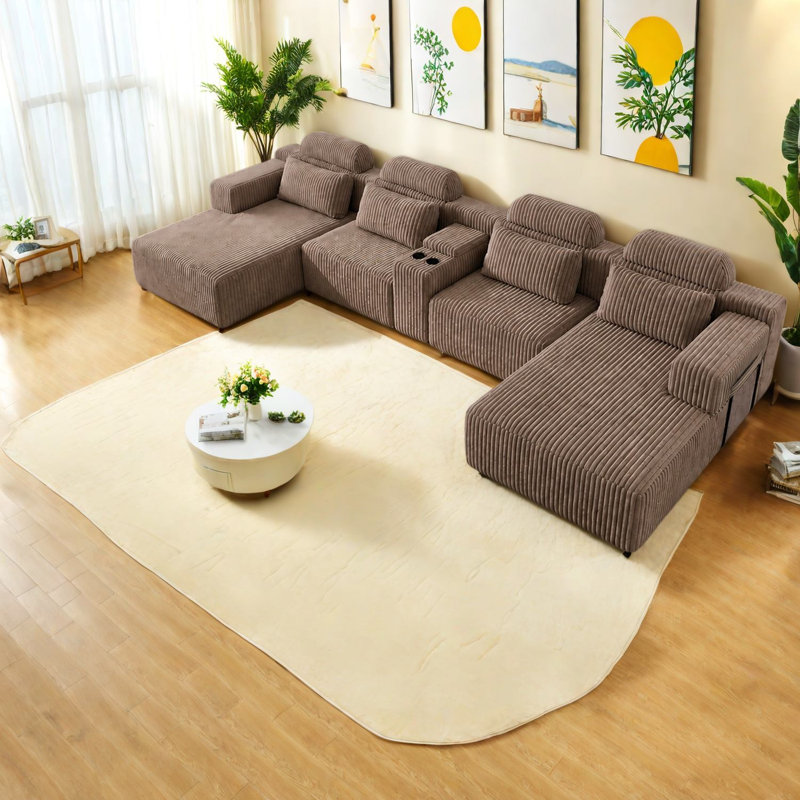 Canapés à compression avec rangement, grand U en velours côtelé pour la maison