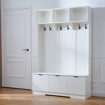 49.6 " 5-In-1 Hall Tree With Bench, Shoe Storage & 3 Open Storage Cabinets, Farmhouse Hall Tree With High Gloss Fluted Doors For Hallway Living Room
