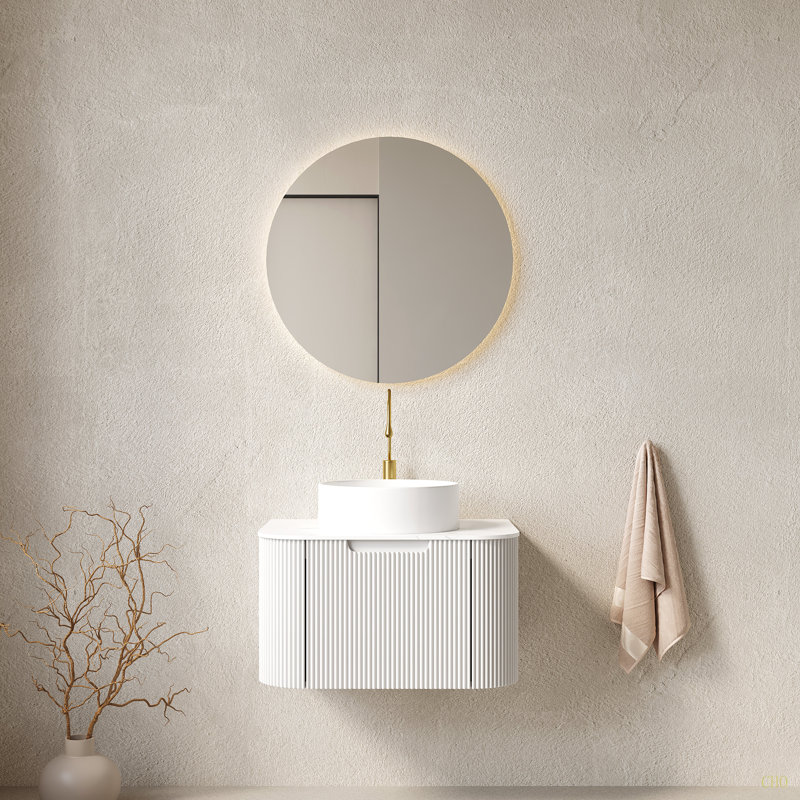 Meuble-lavabo de salle de bain avec lavabo, armoire de rangement de salle de bain murale à bordures courbes et flottantes avec tiroir, lavabo en céramique avec motif de pierre, pré-assemblé