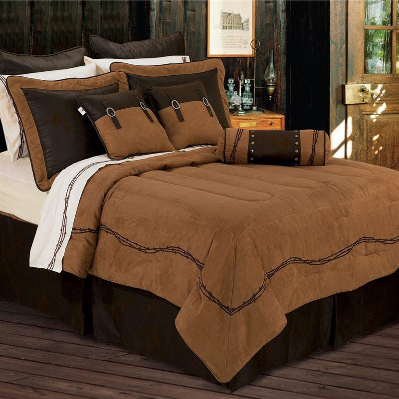 Rustic Barbwire Faux Leather Embroidery Western Rustic Comforter Set, Super Queen Comforter + 6 Additional Pieces