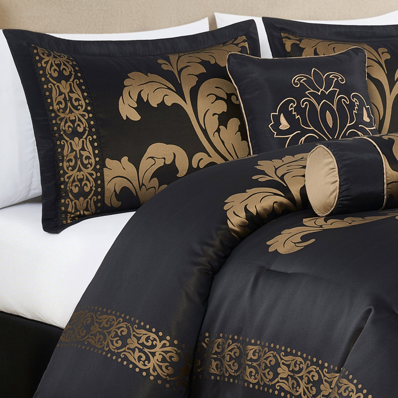 Royale Jacquard Floral 7 Piece Comforter Set, Black/Gold, Oversized Queen Comforter + 6 Additional Pieces