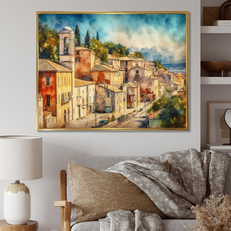 Petite ville verte et beige en Italie, reproduction sur toile, H 30 po x l 40 po x P 1,5 po, Cadre flottant doré