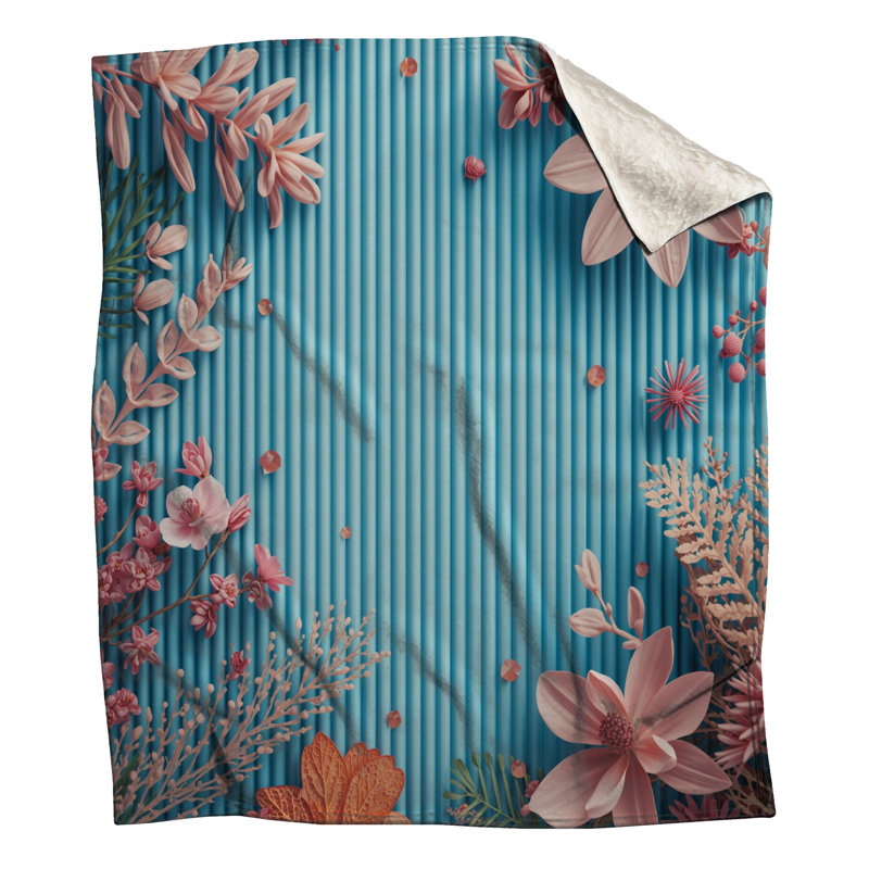 Pink Flowers On Blue Blankets, 50in W x 60in H