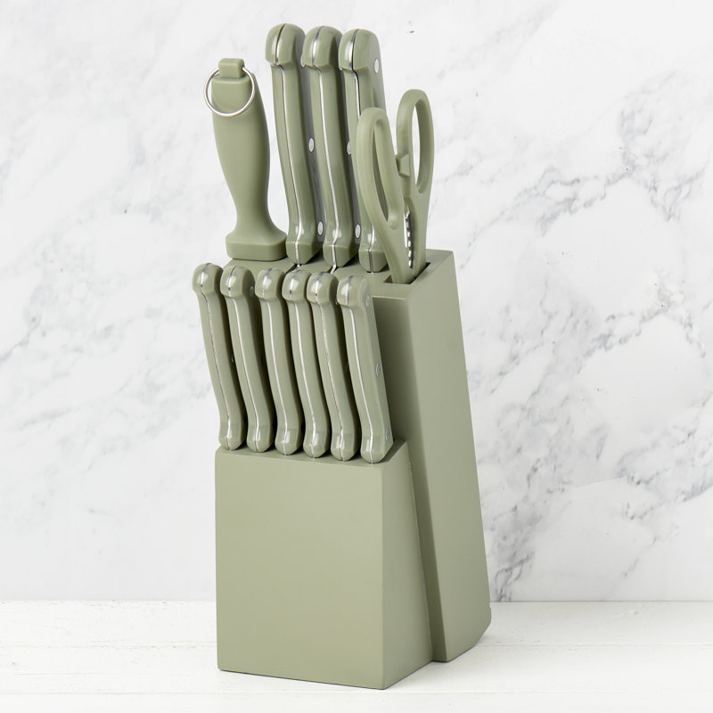 Basic Essentials 12-Piece Stainless Steel Kitchen Knife Set With Wood Block, Green