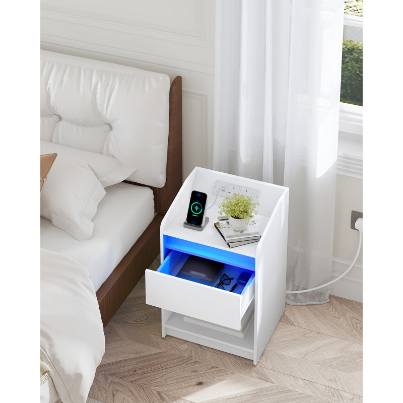 Bedside Table Set of 2 with LED Light, Bedside Cabinet with Charging Station, 1 Storage Drawer Nightstand for Bedroom, Living Room, 2 USB Port, 2 Outlets, Open Compartment