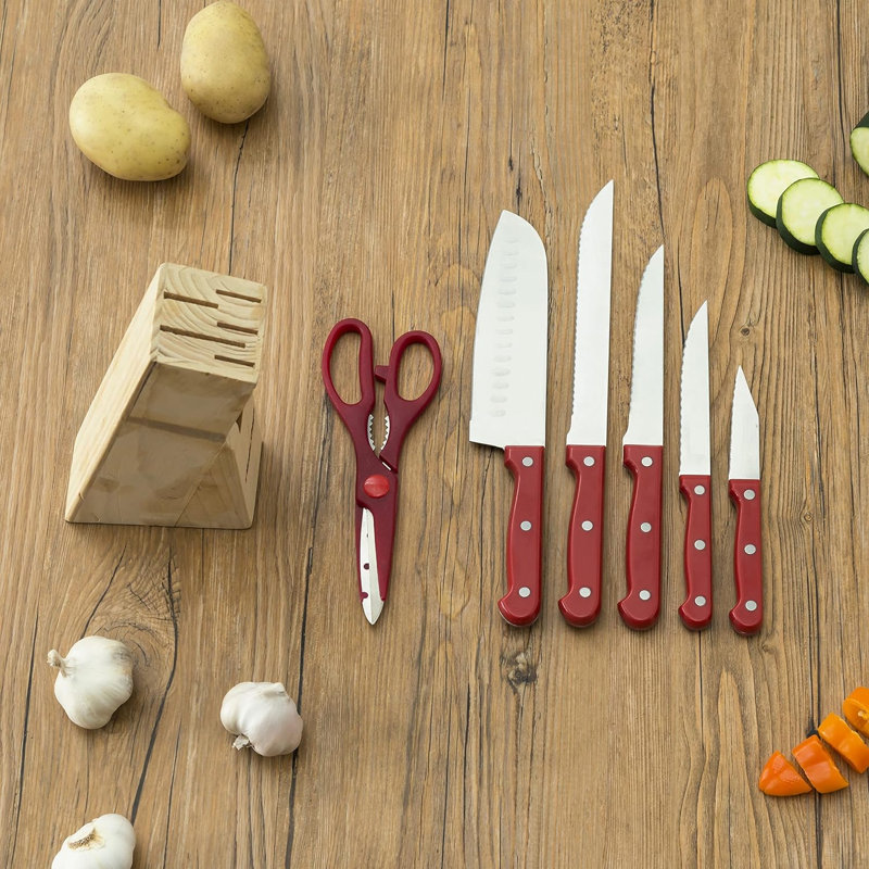 Ensemble de 7 couteaux avec bloc de bois rouge inclus pour le rangement