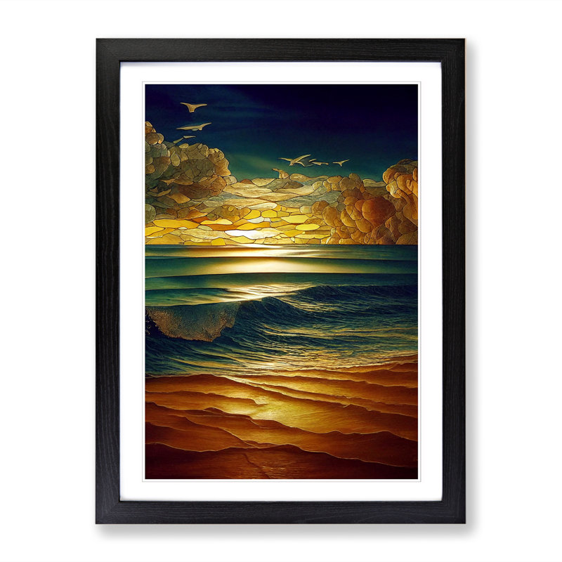 Seascape Ocean Stained Glass - Framed Print, Black, 64cm H x 46cm W x 2cm D
