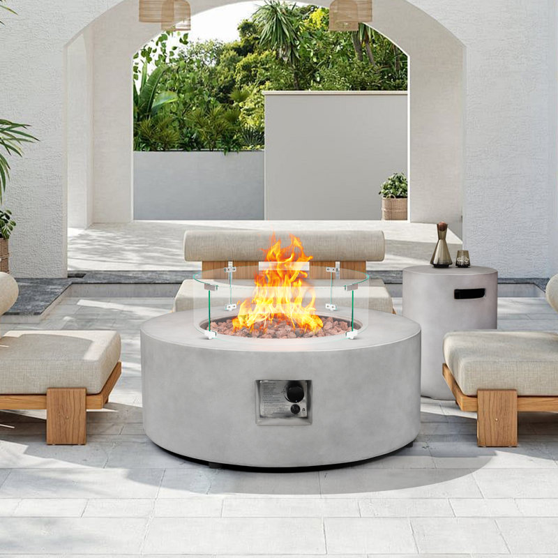 Table ronde pour foyer d'extérieur au propane en béton de 36 pouces, 50 000 BTU, avec couvercle, pare-vent en verre et pierres de lave, certifiée CSA, pour patio, terrasse ou cour arrière