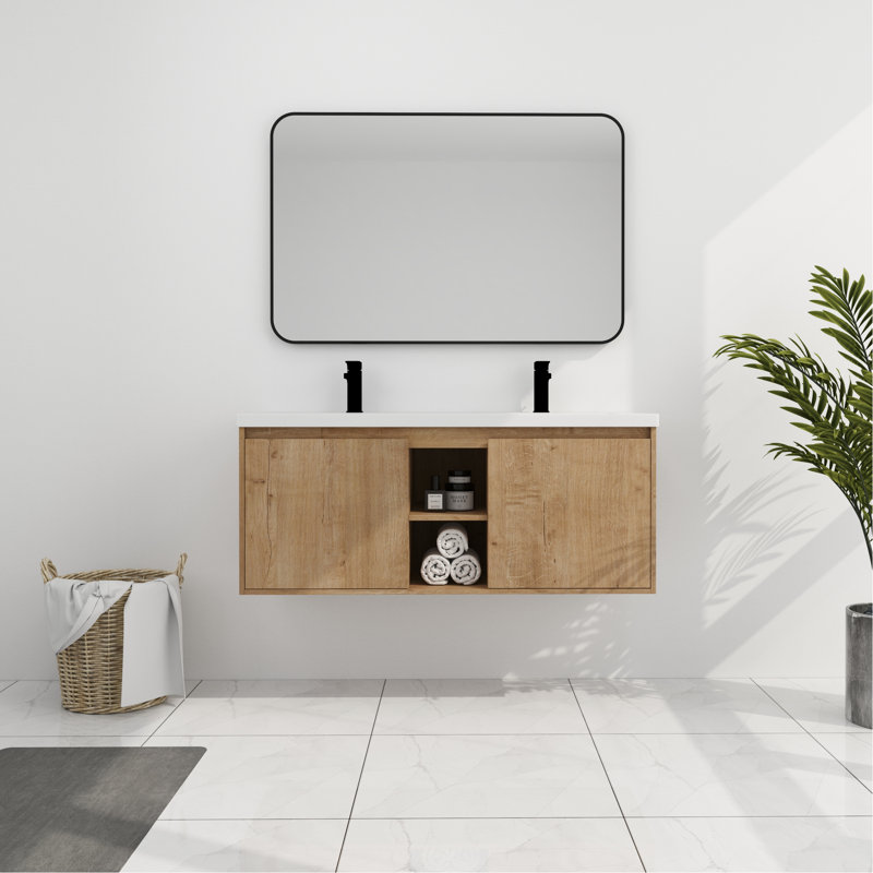 Ensemble de meuble-lavabo mural 48 po avec lavabo double - construction robuste avec porte à fermeture douce, aspect élégant, éviers doubles, conception de coquille, style contemporain