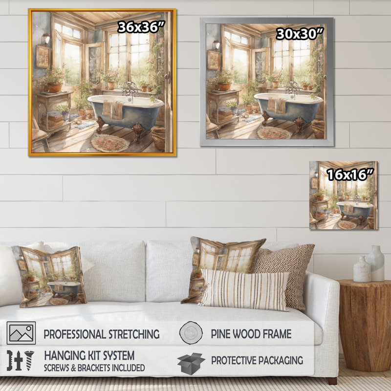 Old Farmhouse Bathtub IV - Bathroom Floral Wall Art, 24" H x 24" W x 1" D