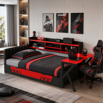 Vanta Twin Wood Gaming Bed with Desk, Storage Shelves, LED Lights and Charging Station