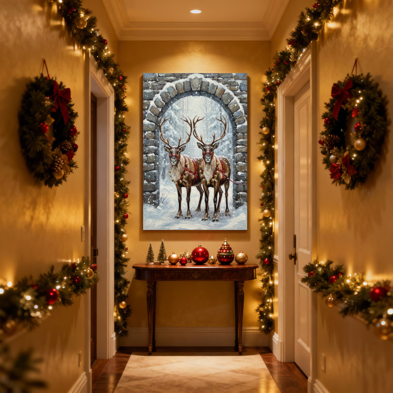 Renne de Noël debout dans un arc enneigé, ensemble de 3 impressions d'art sur toile, H 18 po x l 12 po