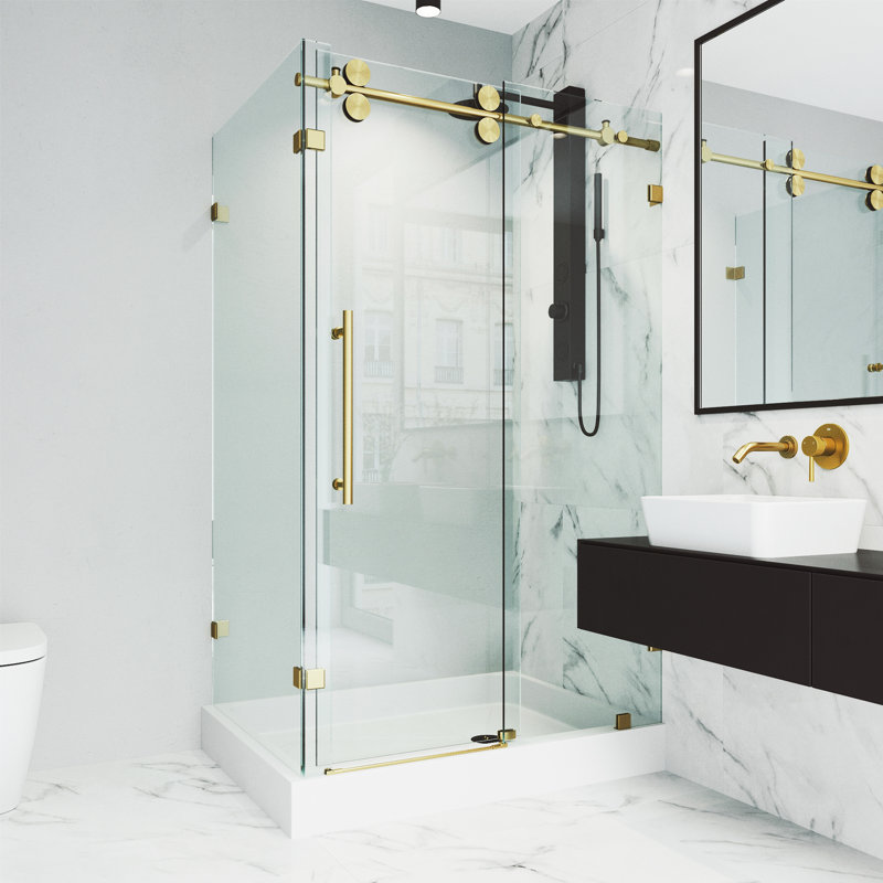 Winslow 48" W x 36" D x 80" H Sliding Frameless Shower Enclosure with 3/8  Clear Glass&Base, Right, Matte Brushed Gold