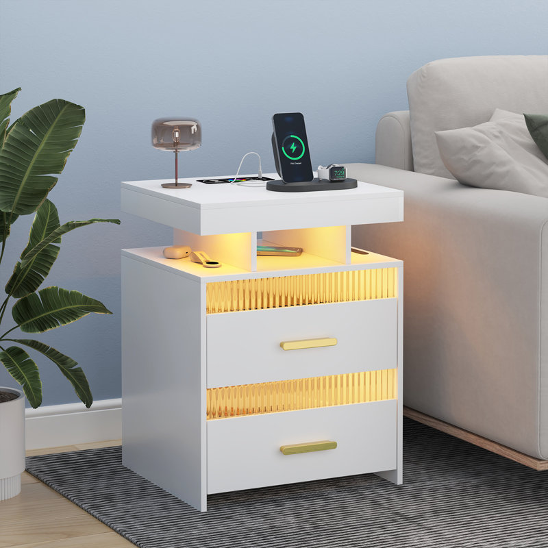 Keimar LED Nightstand with Charging Station, 2 Drawers End Table with Human Sensor 24 Colours Lights, White