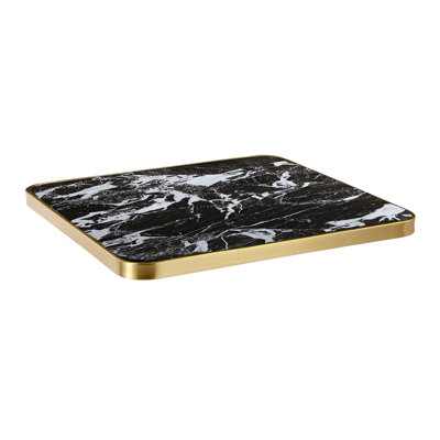 24 po x 24 po, plateau de table en marbre fritté noir 1 1/8 po avec veines blanches saisissantes et bordure en acier inoxydable doré, pour une utilisation intérieure / extérieure