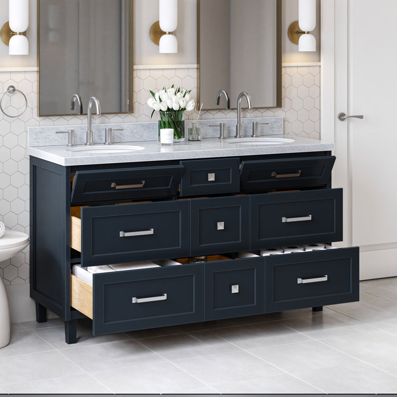 Meuble-lavabo double en bois massif ARIEL Monrow, Bleu minuit, 72" - 73", Italian Carrara Marble