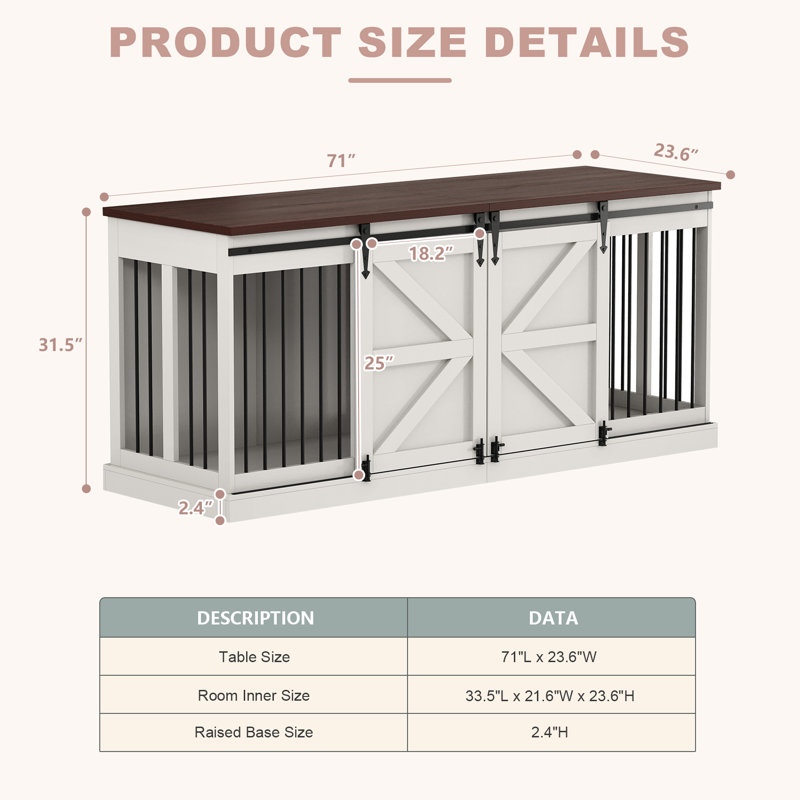 Dog Crate Furniture Indoor Wooden Dog Kennel With Room Divider & Sliding Barn Door 71”x23.6”x31.5”H, White