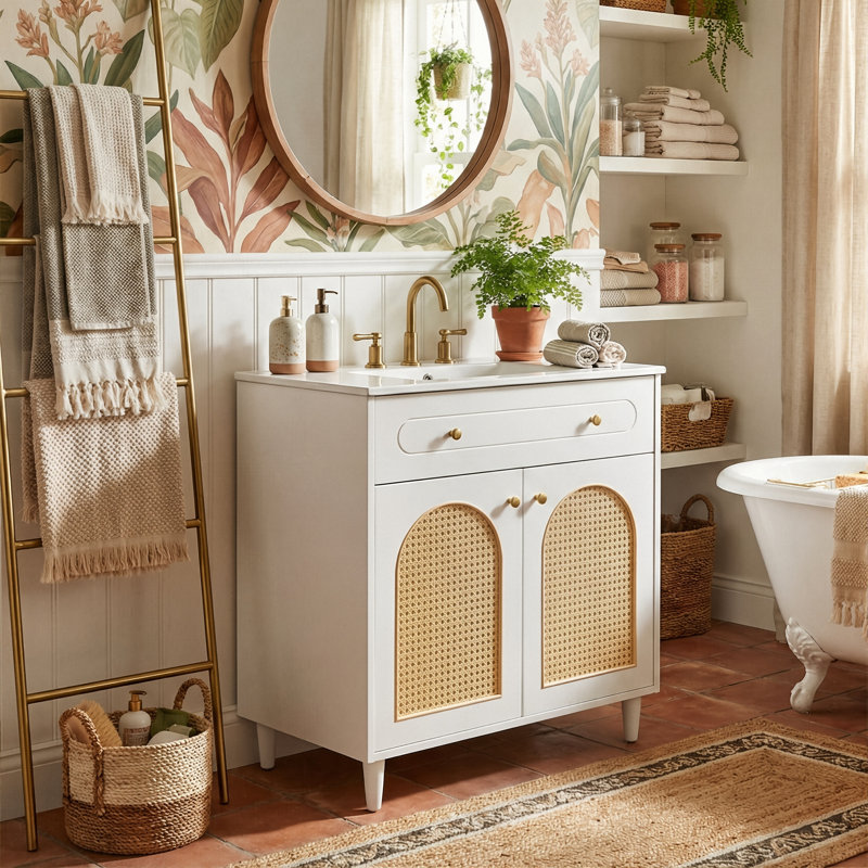 Meuble-lavabo 30 po Boho-Chic Rattan, Blanc