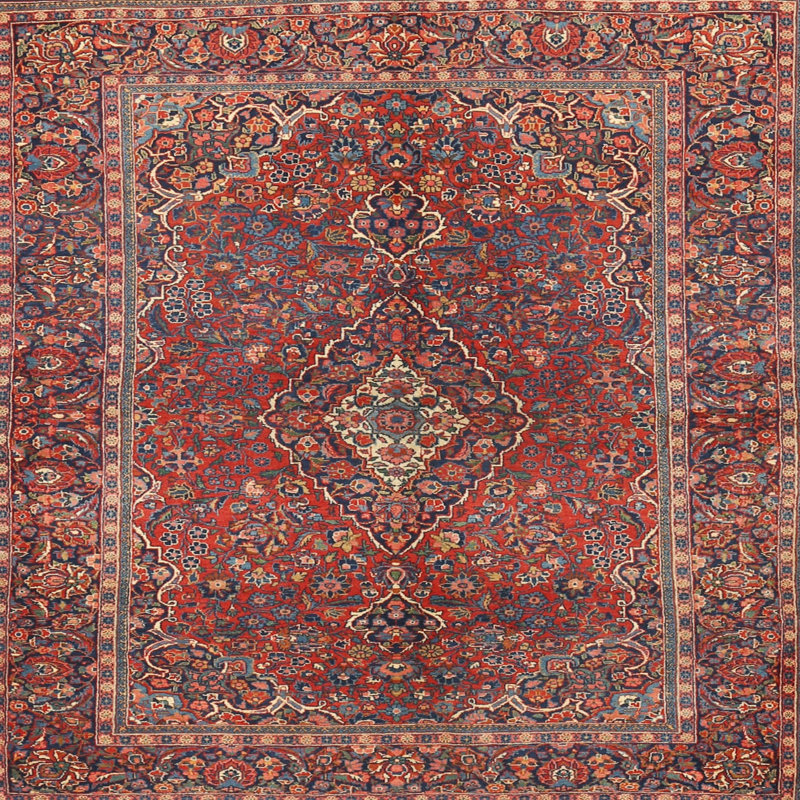 Tapis traditionnel rouge / beige / bleu, Carré 3 pi