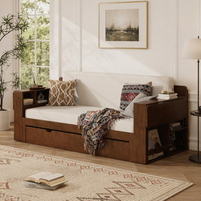 Lit de jour Queen avec bureau amovible, tiroirs de rangement et table d'appoint hydraulique, couleur espresso