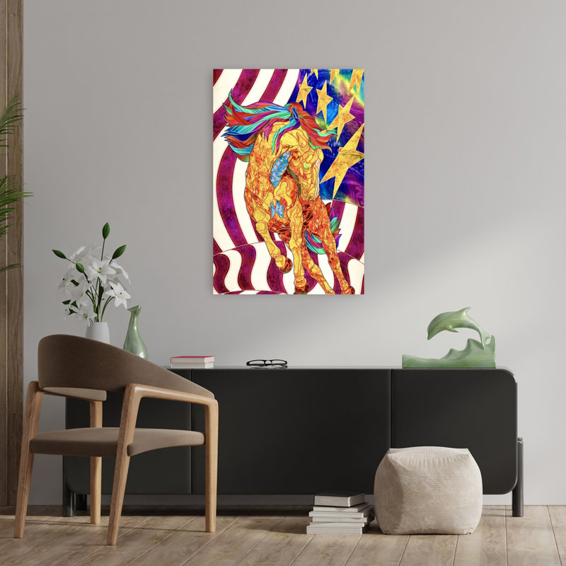 Affiche murale abstraite et colorée représentant un paysage équestre moderne et coloré avec un drapeau patriotique et un cheval.
