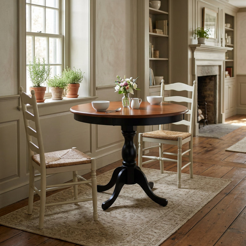 Ensemble de salle à manger rond 3 pièces en bois d'hévéa et cerisier noir antique, avec 2 chaises et pied central.