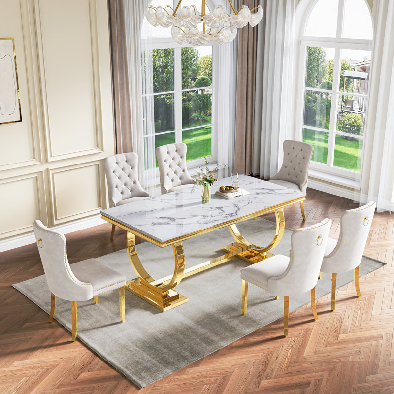 Rectangular 70.1"L X 35"W Dining Set, White/Gold, 7 Pieces: Table, 6 Chairs, White/Gold