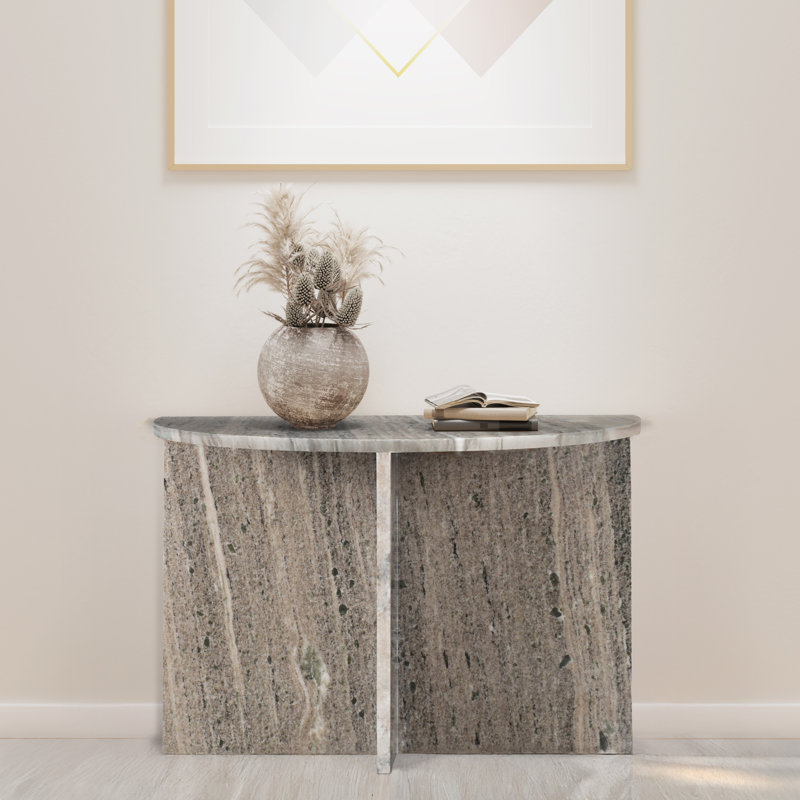 Table d'appoint en demi-lune moderne en marbre véritable de 20 po Patrice, gris et beige, table d'appoint en demi-cercle avec base en croix pour le salon