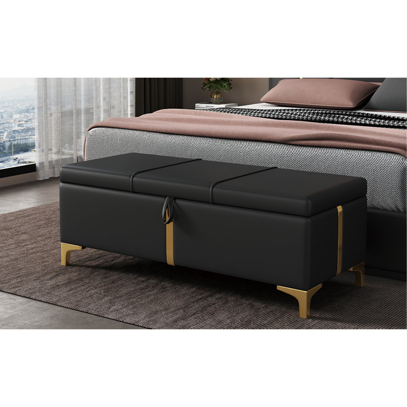 Élégant repose-pieds de rangement rembourré, banc de rangement avec pieds en métal pour la chambre à coucher, le salon, entièrement assemblé sauf les pieds, noir