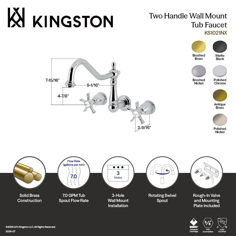 Kingston Brass Hamilton Two-Handle 3-Hole Wall Mount Roman Tub Faucet, Matte Black