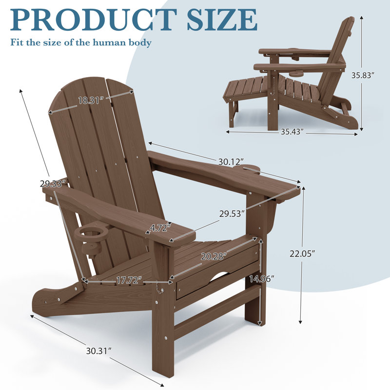 HDPE Foldable Adjustable Outdoor Adirondack Chair With Ottoman and Double Cup Holder, Brown