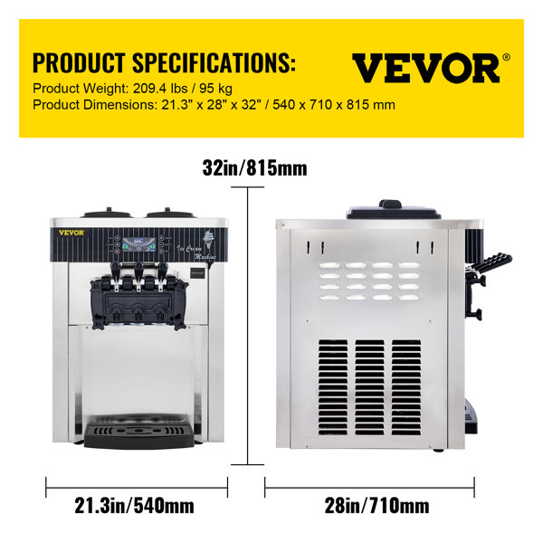 VEVOR Commercial Soft Ice Cream Machine, 2200W Serve Yogurt Maker, 3  Flavors Ice Cream Maker, 5.3 to 7.4 Gallons per Hour Auto Clean LCD Panel  for