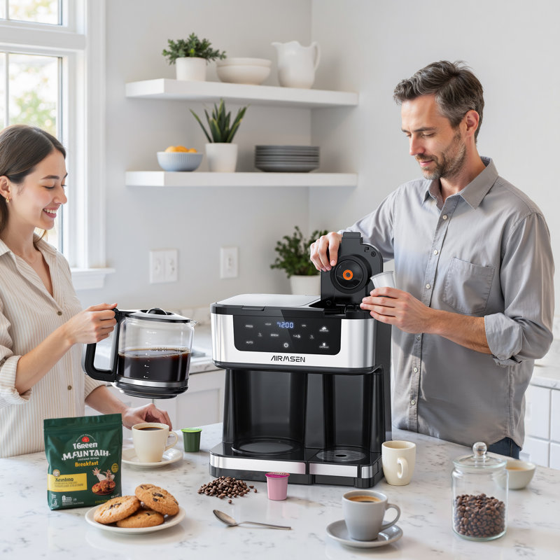 Cafetière double programmable à 12 tasses AIRMSEN - Machine à portion individuelle pour dosettes et moules K-Cup, Matte Black