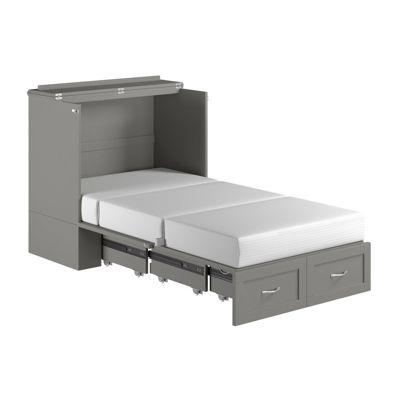 Atiyah Murphy Bed Chest with 6" Mattress, Storage and Built-in Charger, Gray, Twin XL