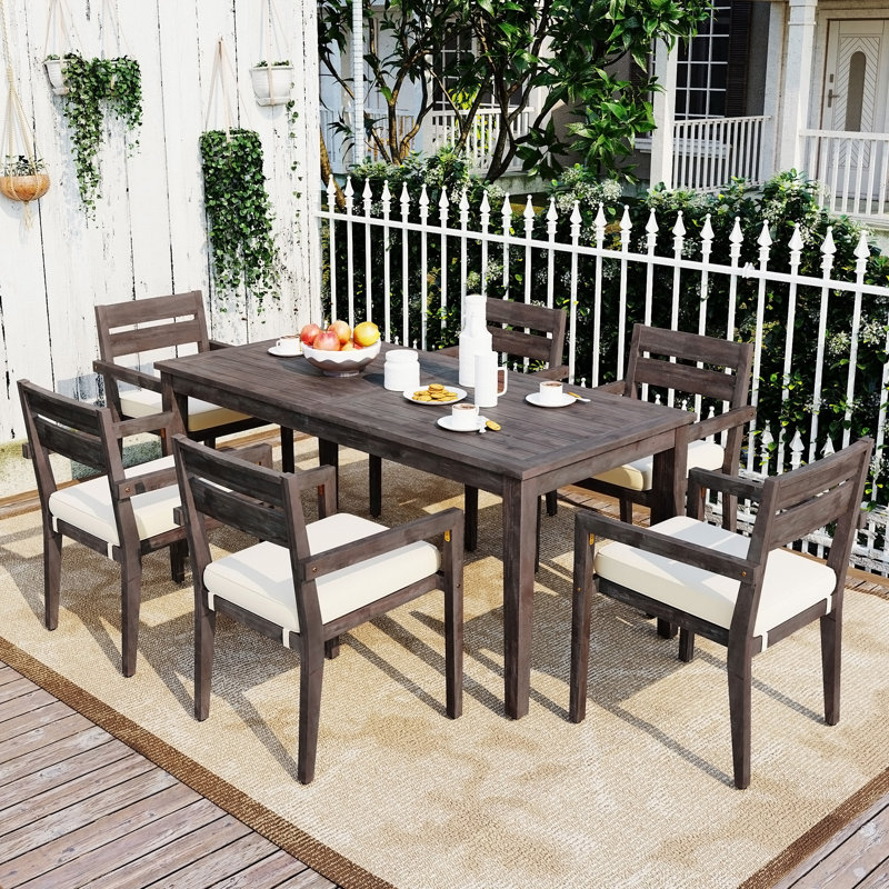 Ensemble de salle à manger d'extérieur 7 pièces en bois d'acacia avec coussins, Gray