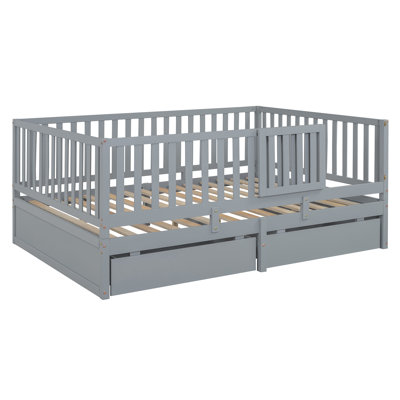 Wood Daybed with Fence Guardrails and 2 Drawers, Split into Independent Floor Bed & Daybed