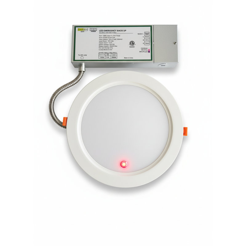 Spot encastré à DEL ultramince E2 Lighting de 20 cm (8 po) avec batterie de secours de 10 W, 3 puissances réglables, 5 CCT, 2e génération, blanc, dernière version avec câble de raccordement.