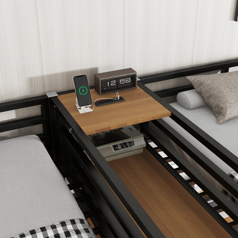 Lit mezzanine simple en métal avec bureau double, prises de courant et rangement, conception peu encombrante, garde-robe de finition, tablettes, prise de courant pour une utilisation pratique, design