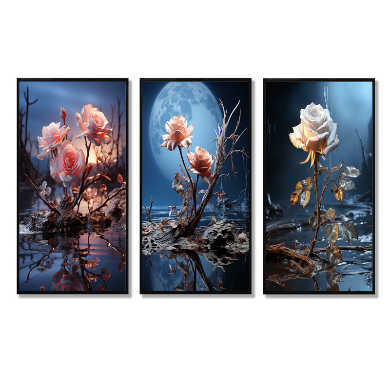 Ensemble de salon 3 pièces Moonlit Flower Serenity Blooms I - Rose, Cadre flottant noir, H 28 po x l 36 po