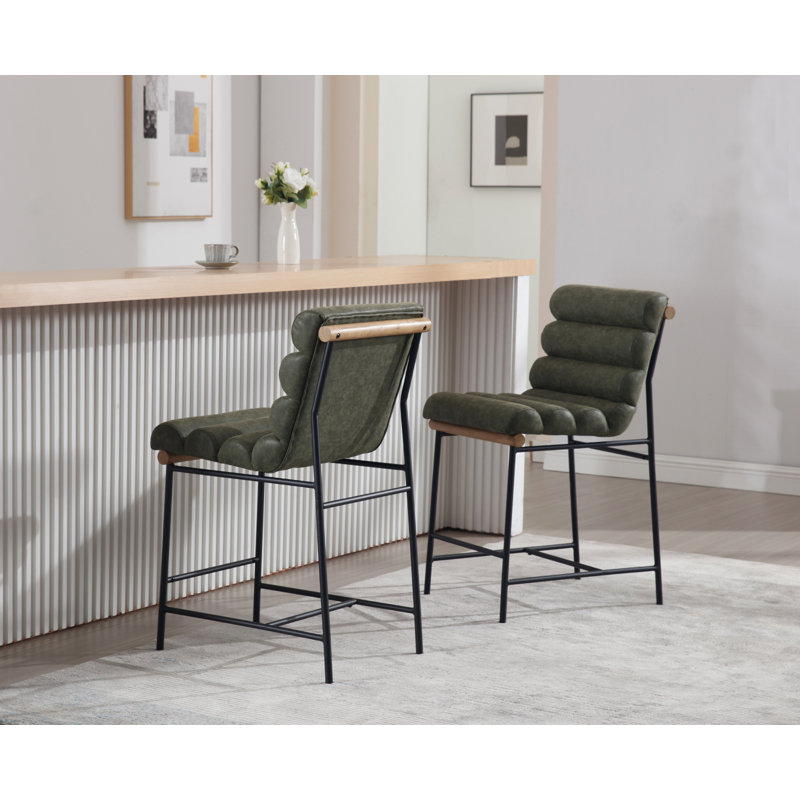 Mutsuo Upholstered 25'' Counter Stool with Metal Frame, Green