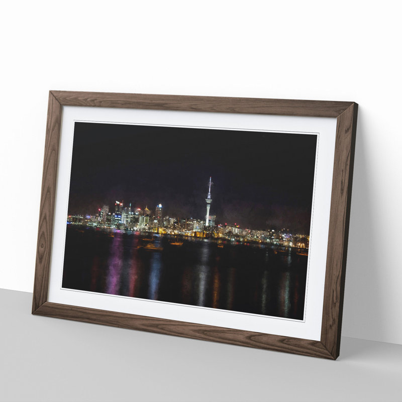 Auckland New Zealand Skyline - Picture Frame Graphic Art, 36cm H x 48cm W x 2cm D, Walnut Framed